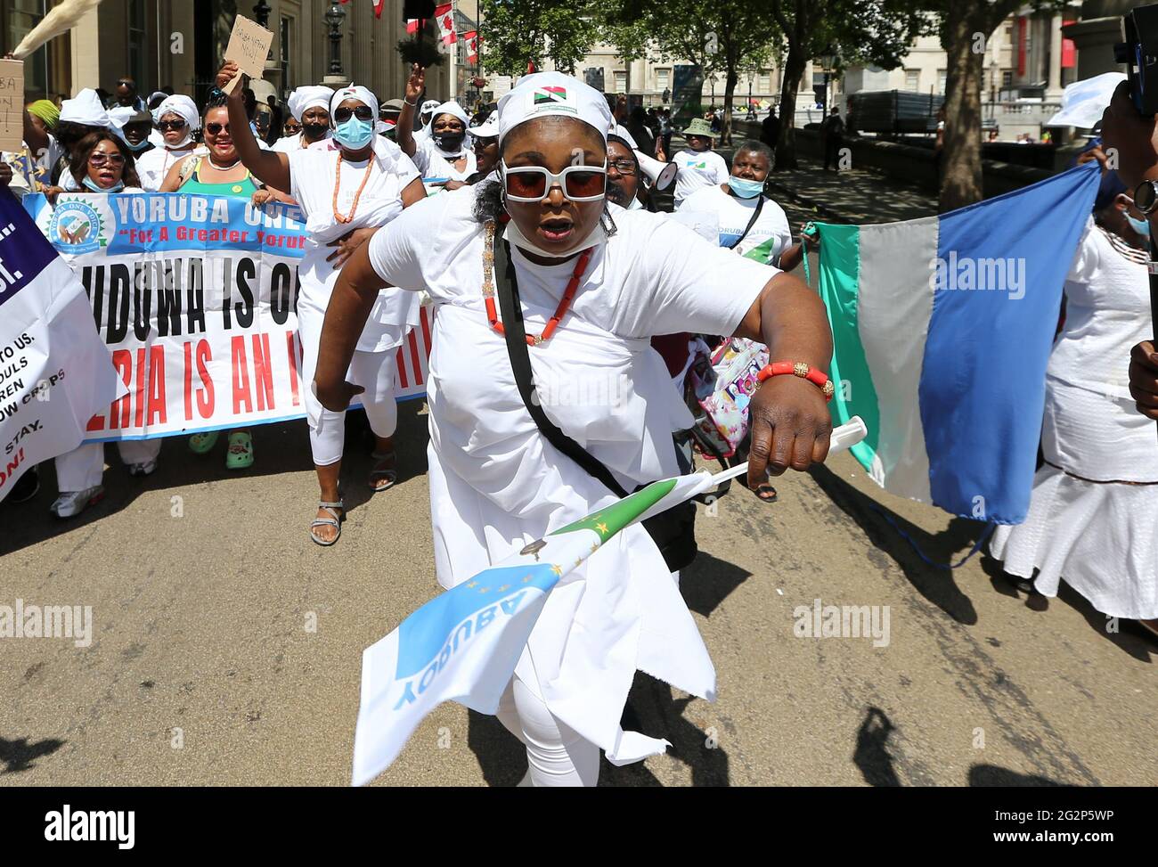 London England Uk 12th June 21 The Pro Yoruba Nation Protesters Stage A Demonstration Against Nigeria S President Muhammadu Buhari In Central London On Nigeria S New Democracy Day June 12 Protesters Demand Self Determination For