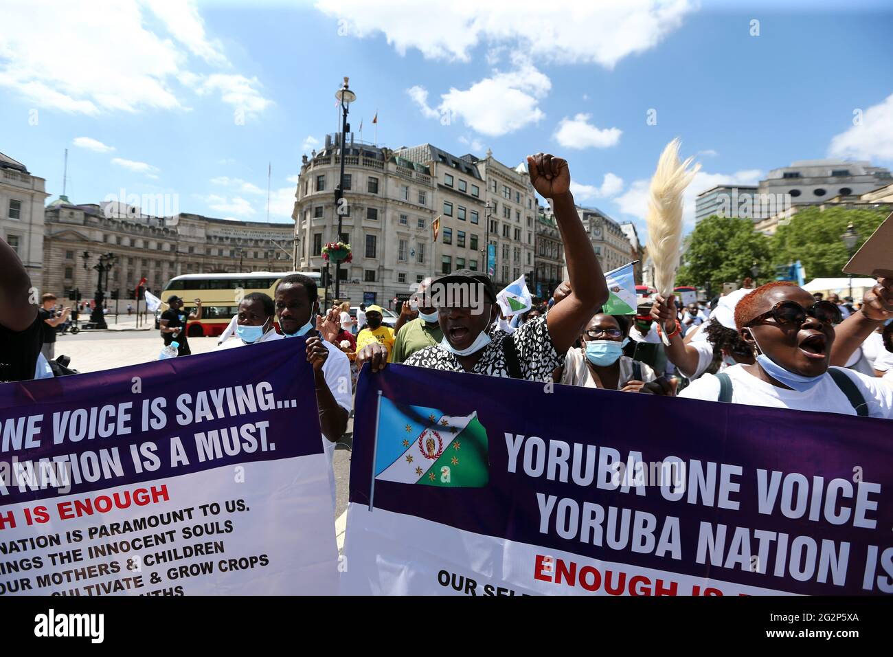 London England Uk 12th June 21 The Pro Yoruba Nation Protesters Stage A Demonstration Against Nigeria S President Muhammadu Buhari In Central London On Nigeria S New Democracy Day June 12 Protesters Demand Self Determination For London England Uk 12th June 21 The Pro Yoruba Nation Protesters Stage A Demonstration Against Nigeria S President Muhammadu Buhari In Central London On Nigeria S New Democracy Day June 12 Protesters Demand Self Determination For