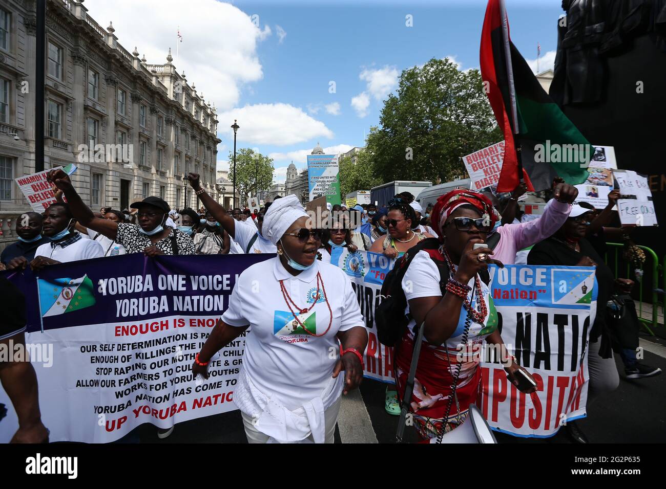 London England Uk 12th June 21 The Pro Yoruba Nation Protesters Stage A Demonstration Against Nigeria S President Muhammadu Buhari In Central London On Nigeria S New Democracy Day June 12 Protesters Demand Self Determination For