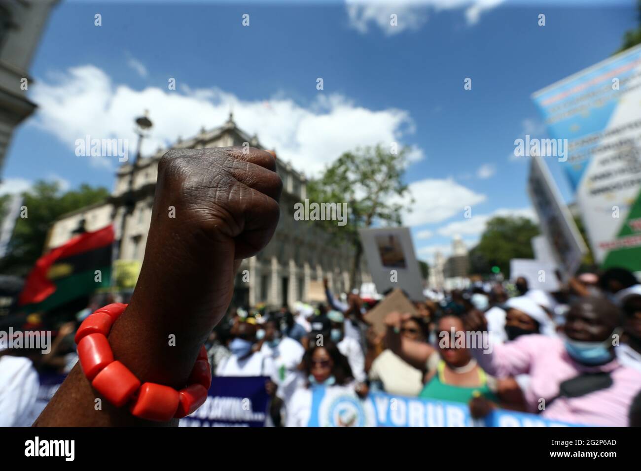London England Uk 12th June 21 The Pro Yoruba Nation Protesters Stage A Demonstration Against Nigeria S President Muhammadu Buhari In Central London On Nigeria S New Democracy Day June 12 Protesters Demand Self Determination For London England Uk 12th June 21 The Pro Yoruba Nation Protesters Stage A Demonstration Against Nigeria S President Muhammadu Buhari In Central London On Nigeria S New Democracy Day June 12 Protesters Demand Self Determination For