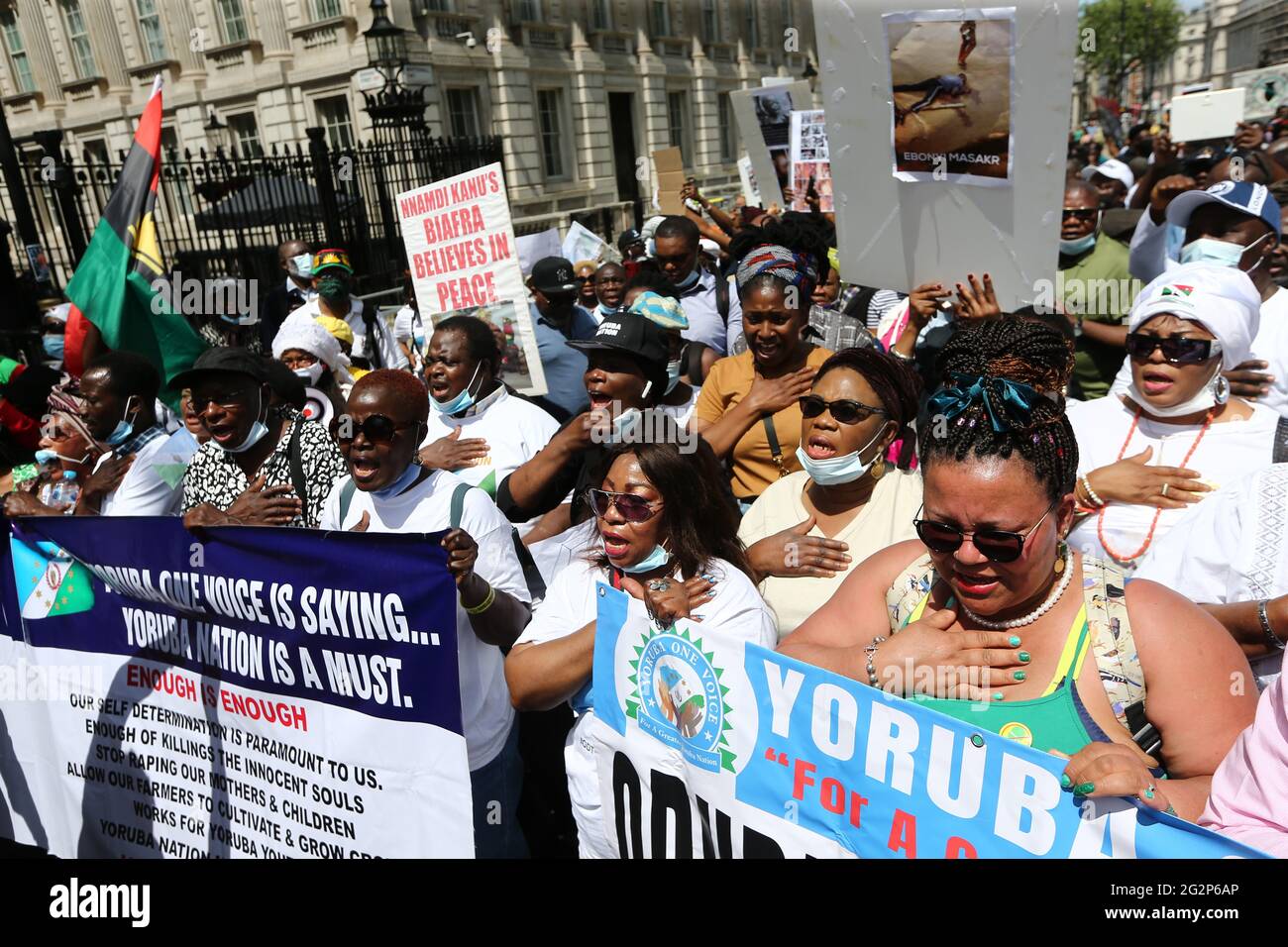 London England Uk 12th June 21 The Pro Yoruba Nation Protesters Stage A Demonstration Against Nigeria S President Muhammadu Buhari In Central London On Nigeria S New Democracy Day June 12 Protesters Demand Self Determination For