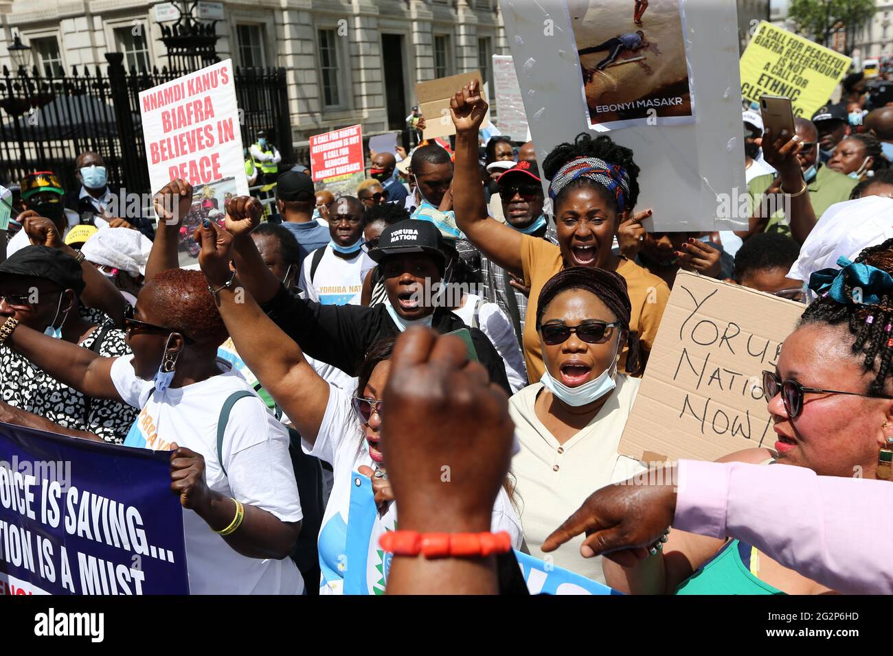 London England Uk 12th June 21 The Pro Yoruba Nation Protesters Stage A Demonstration Against Nigeria S President Muhammadu Buhari In Central London On Nigeria S New Democracy Day June 12 Protesters Demand Self Determination For