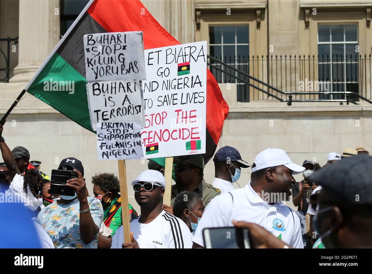 London England Uk 12th June 21 The Pro Yoruba Nation Protesters Stage A Demonstration Against Nigeria S President Muhammadu Buhari In Central London On Nigeria S New Democracy Day June 12 Protesters Demand Self Determination For