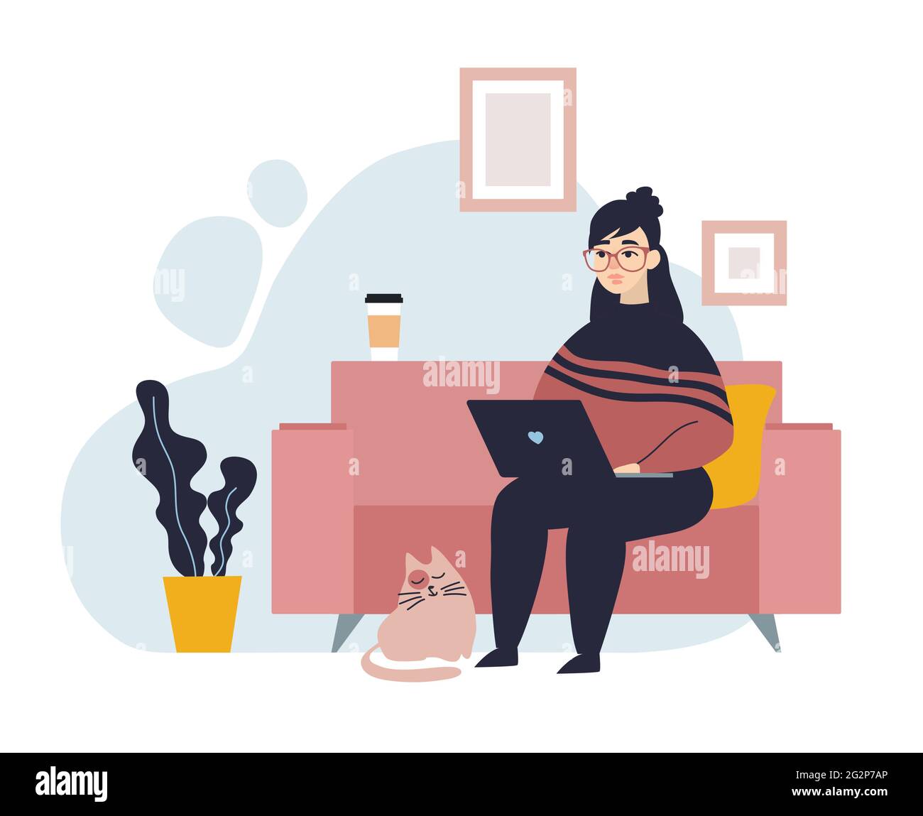 Stay home concept. Girl in glasses work on laptop at home. Coronavirus Covid-19 outbreak. Freelancer keeps social distancing. Trendy flat vector illus Stock Vector