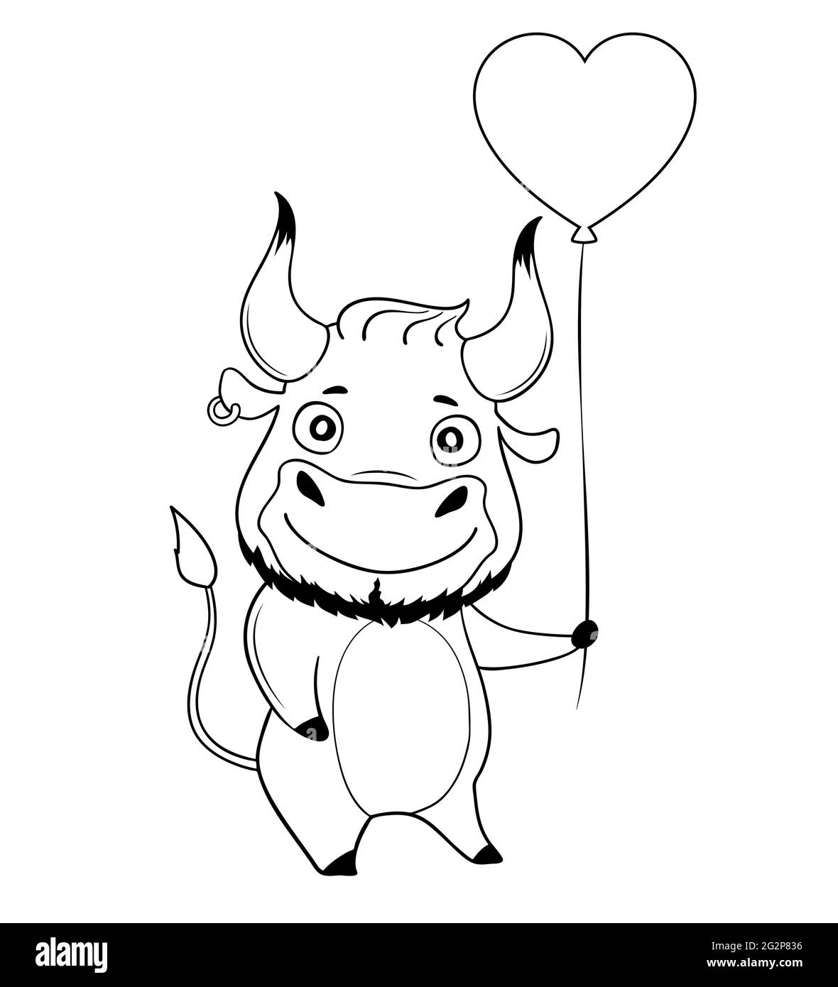 Cool bull with heart-shaped balloon. Symbol of 2021. Vector illustration. Stock Vector