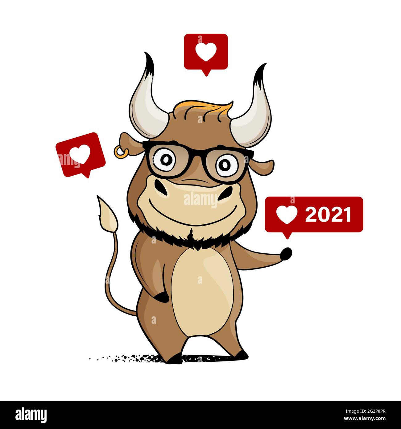 Cool cartoon bull with hipster glasses and like icons . Symbol of 2021. Vector illustration. Stock Vector