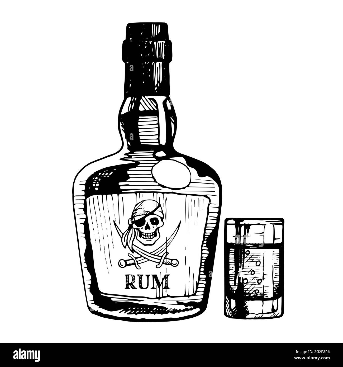 Rum bottle with pirate on the label, and glass. Vector hand drawn  illustration, ink sketch Stock Vector Image & Art - Alamy