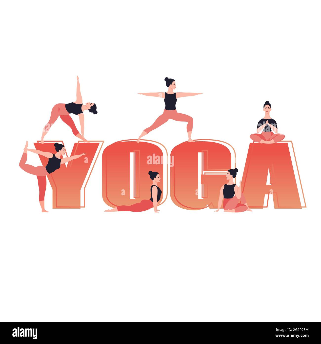 Yoga text. Young woman practicing yoga and meditation. Girl doing different yoga poses. Flat vector illustration. Stock Vector
