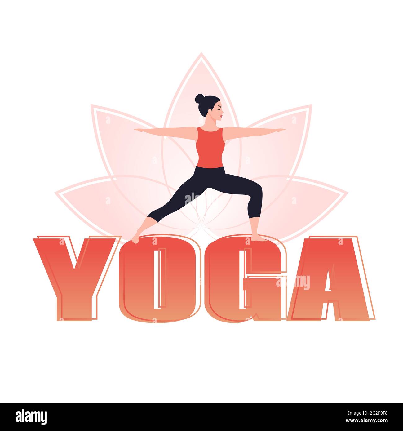 Women doing yoga warrior pose. Yoga text. Flat vector illustration. Stock Vector