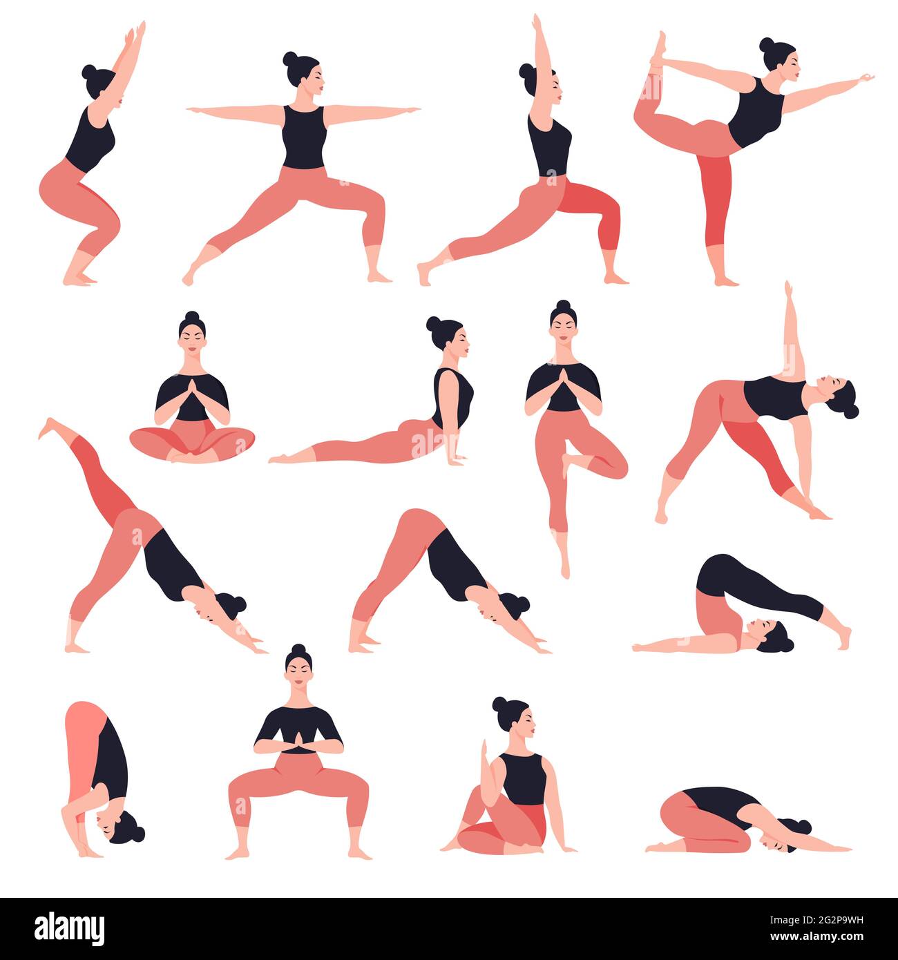 Set of yoga poses. Healthy lifestyle. Female cartoon character demonstrating yoga positions. Vector flat illustration isolated on white background Stock Vector