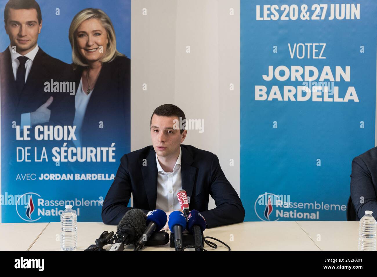Jordan Bardella, Member of Parliament and head of list for the  Rassemblement National (far right) in the region Ile de France, talks tp  the press before a campaign meeting. Mormant, France, June
