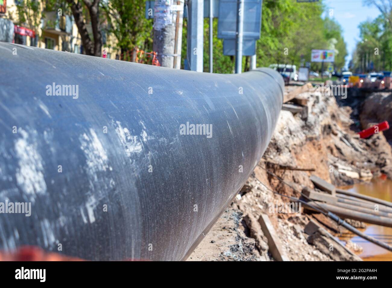 Samara, Russia May 06, 2021 Laying of largediameter plastic pipes