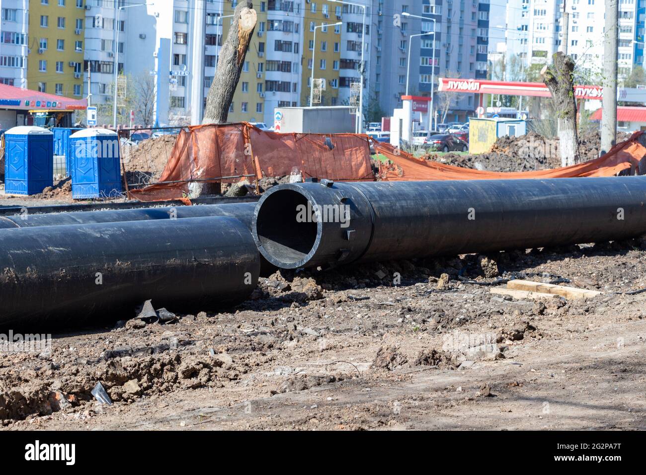 Samara, Russia - May 06, 2021: Large diameter plastic pipes on the construction site Stock Photo