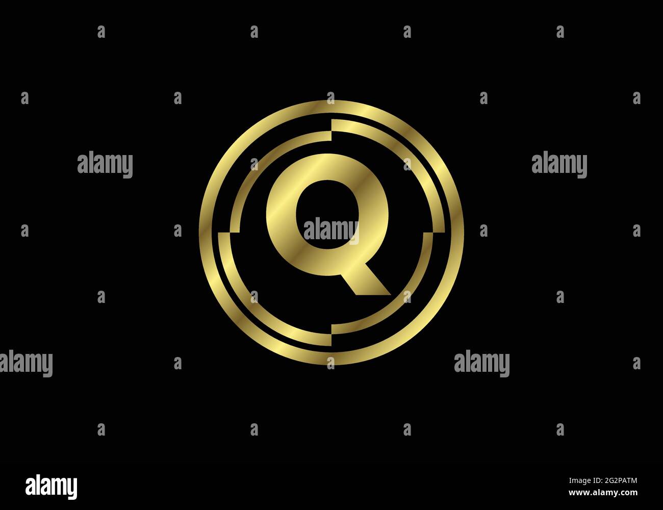 Golden letters Q with golden circle frames. English alphabet, vector