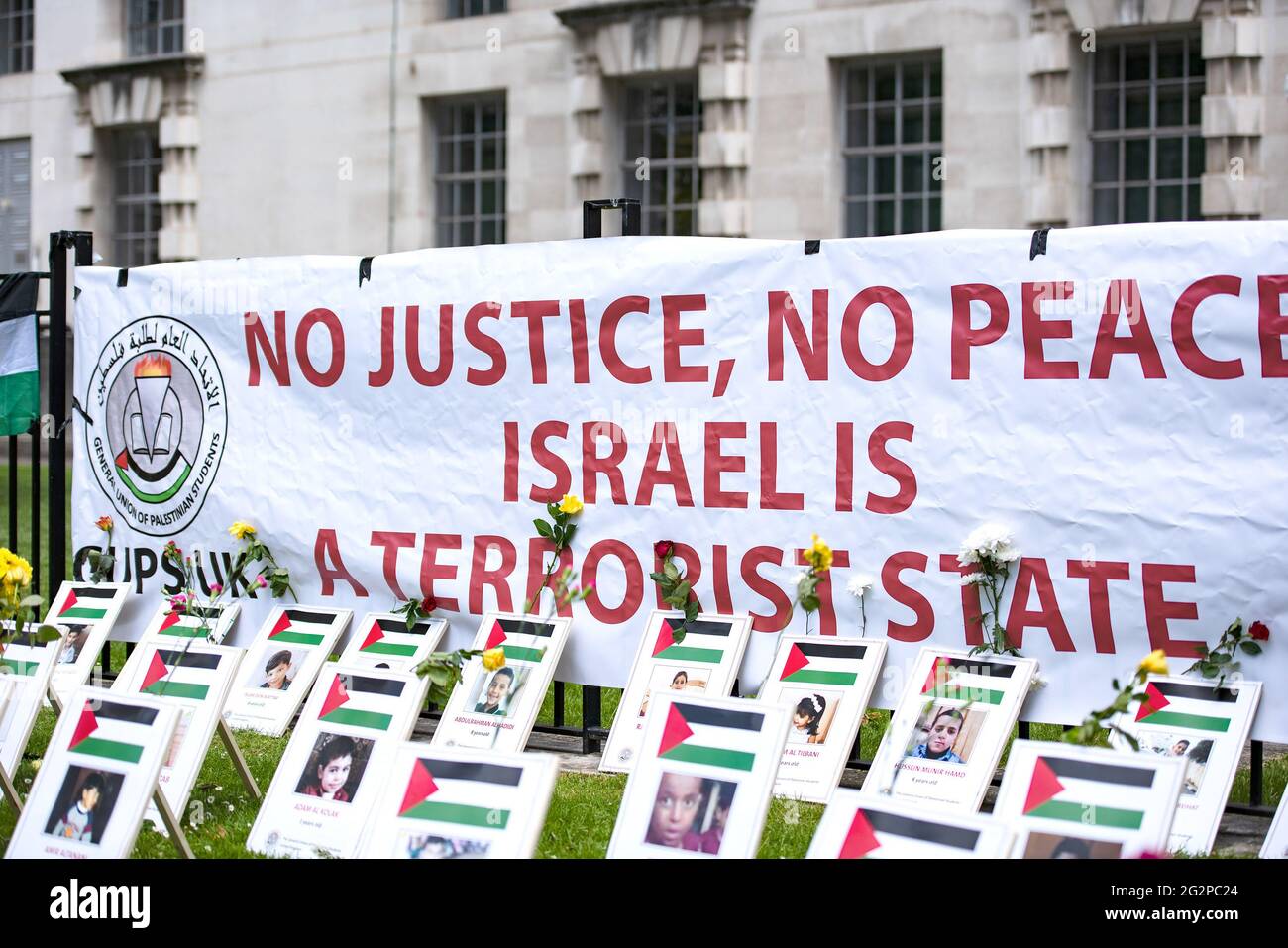 London Uk 12th June 21 Protesters Display A Memorial With A Large No Justice No Peace Banner Near Downing Street During A Demonstration Demanding Justice For Palestine Since May 21 Israel Launched London Uk 12th June 21 Protesters Display A Memorial With A Large No Justice No Peace Banner Near Downing Street During A Demonstration Demanding Justice For Palestine Since May 21 Israel Launched