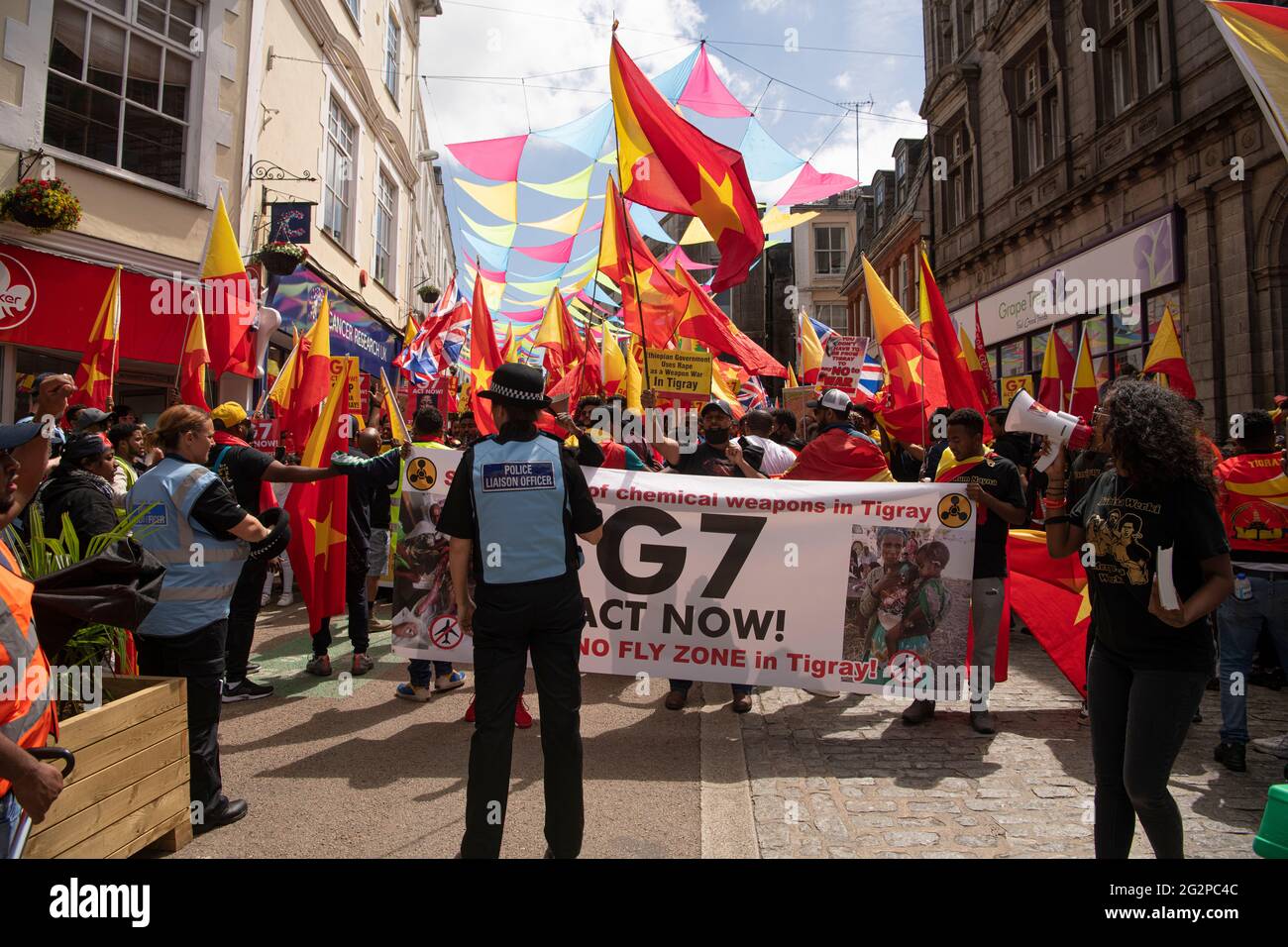 Falmouth Cornwall, UK. 12th June, 2021.   Demonstration Against Chemical weapons in Tigray war With the G7 summit in Cornwall,Ethiopia also condemns in the strongest terms the use of chemical weapons by anyone anywhere. Credit: kathleen white/Alamy Live News Stock Photo