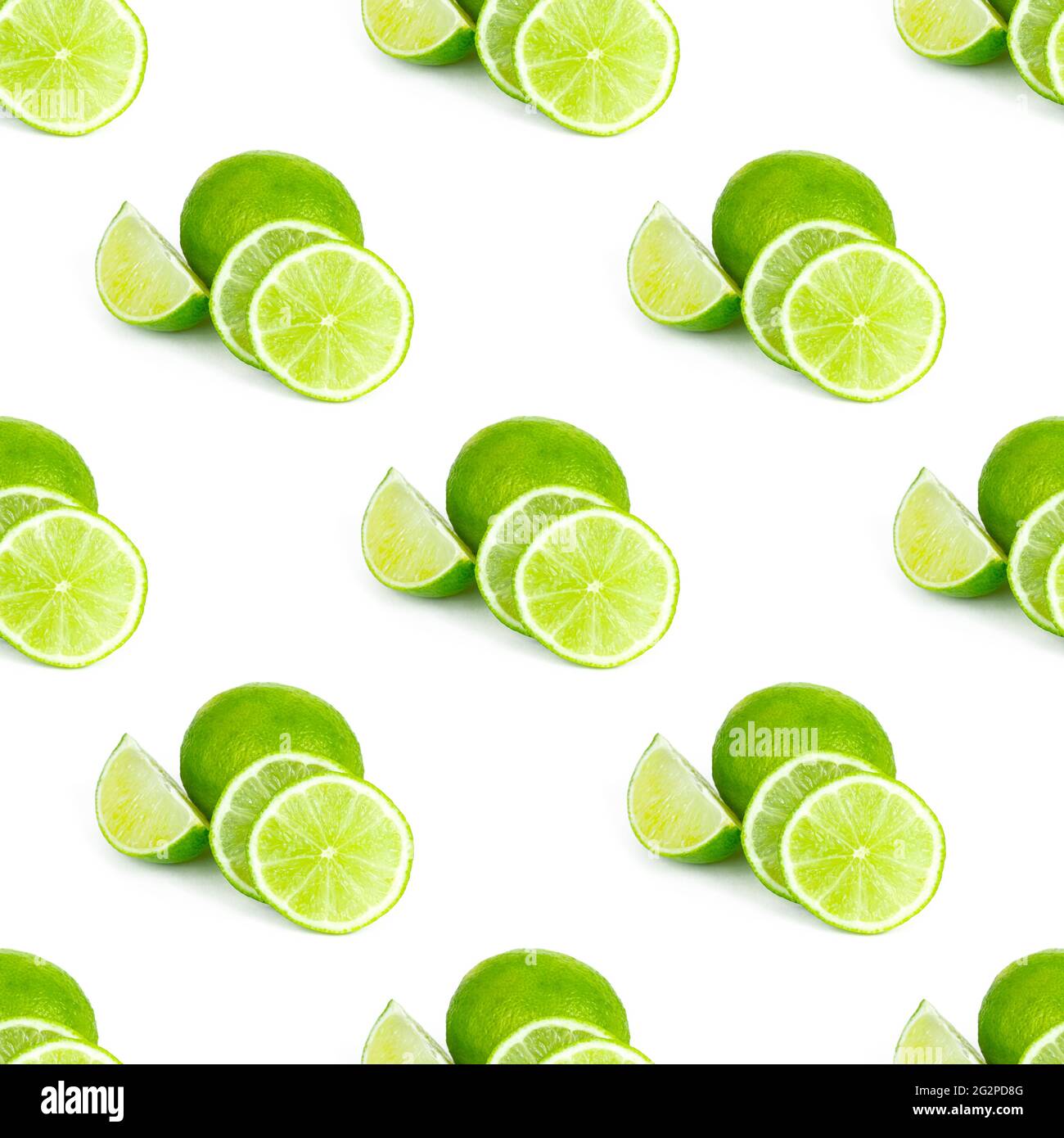 Green limes and lime slices repeat seamless pattern on white background. Stock Photo
