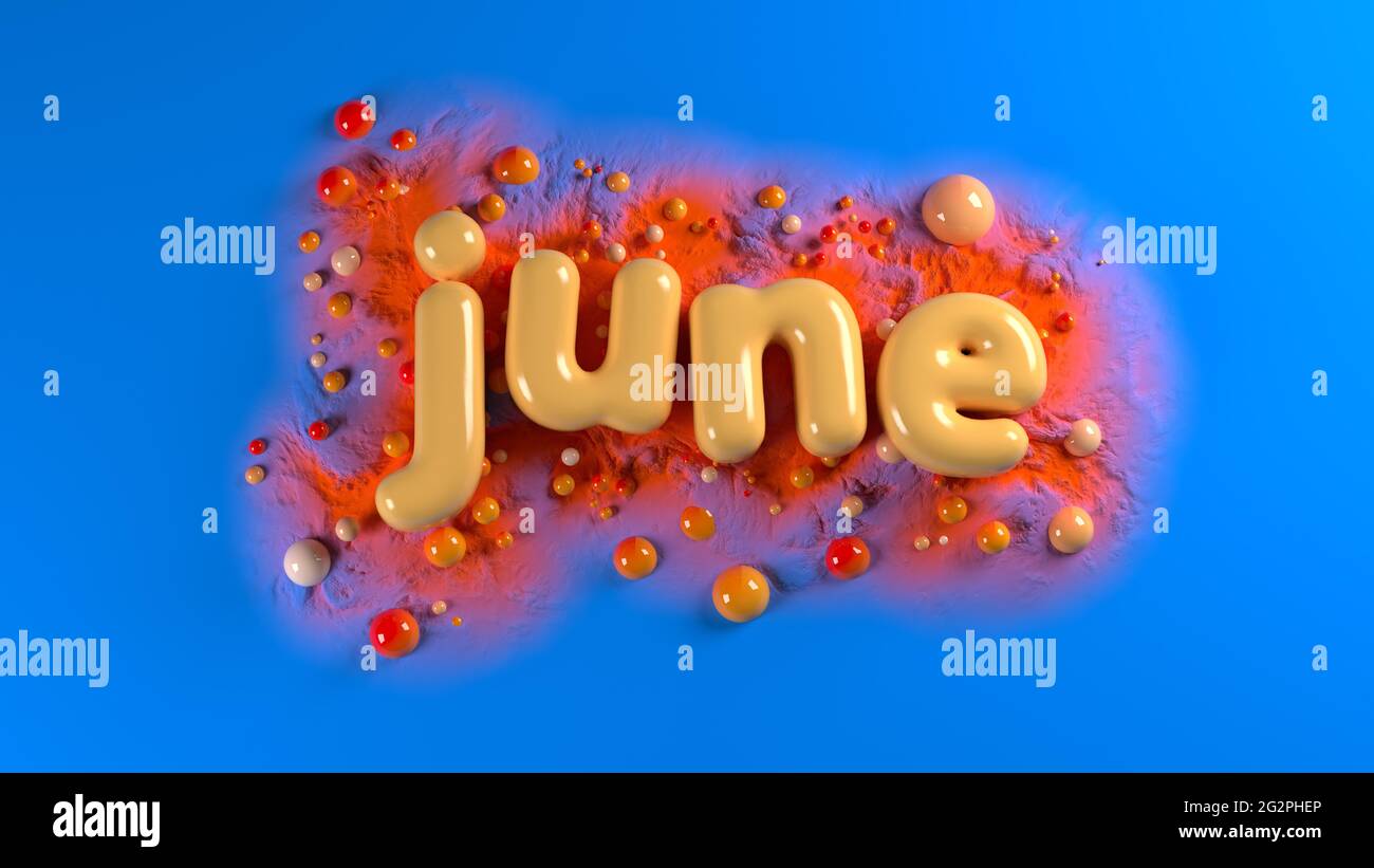 Soft orange plump word JUNE surrounded by orange spheres over bright blue background and orange mountains structure. 3d illustration Stock Photo