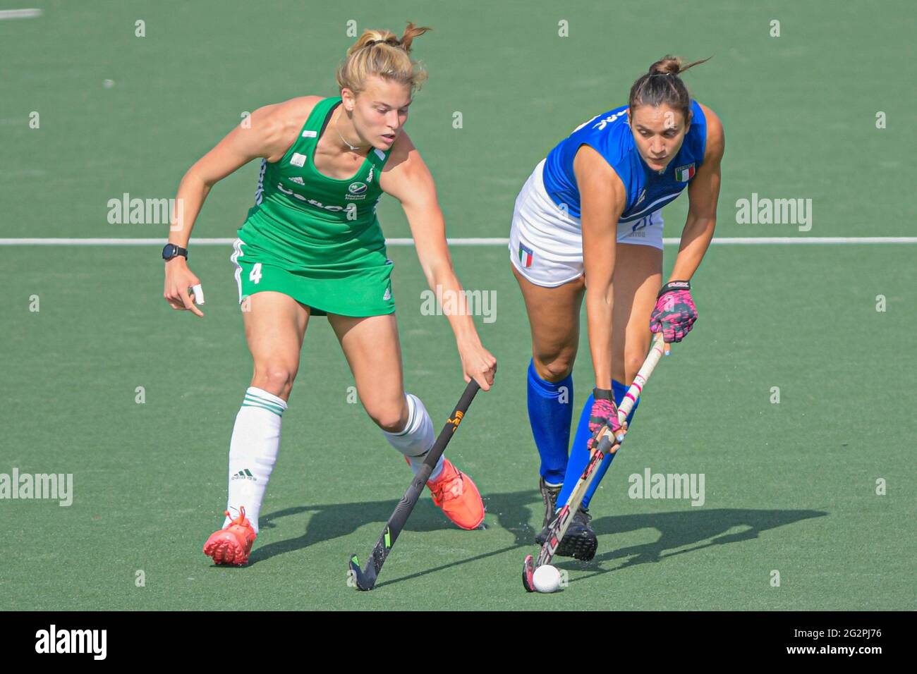 AMSTELVEEN, NETHERLANDS - JUNE 12: Zara Malseed of Ireland, Constanza  Aguirre of Italy during the Euro Hockey Championships match between Ireland  and Italy at Wagener Stadion on June 12, 2021 in Amstelveen,