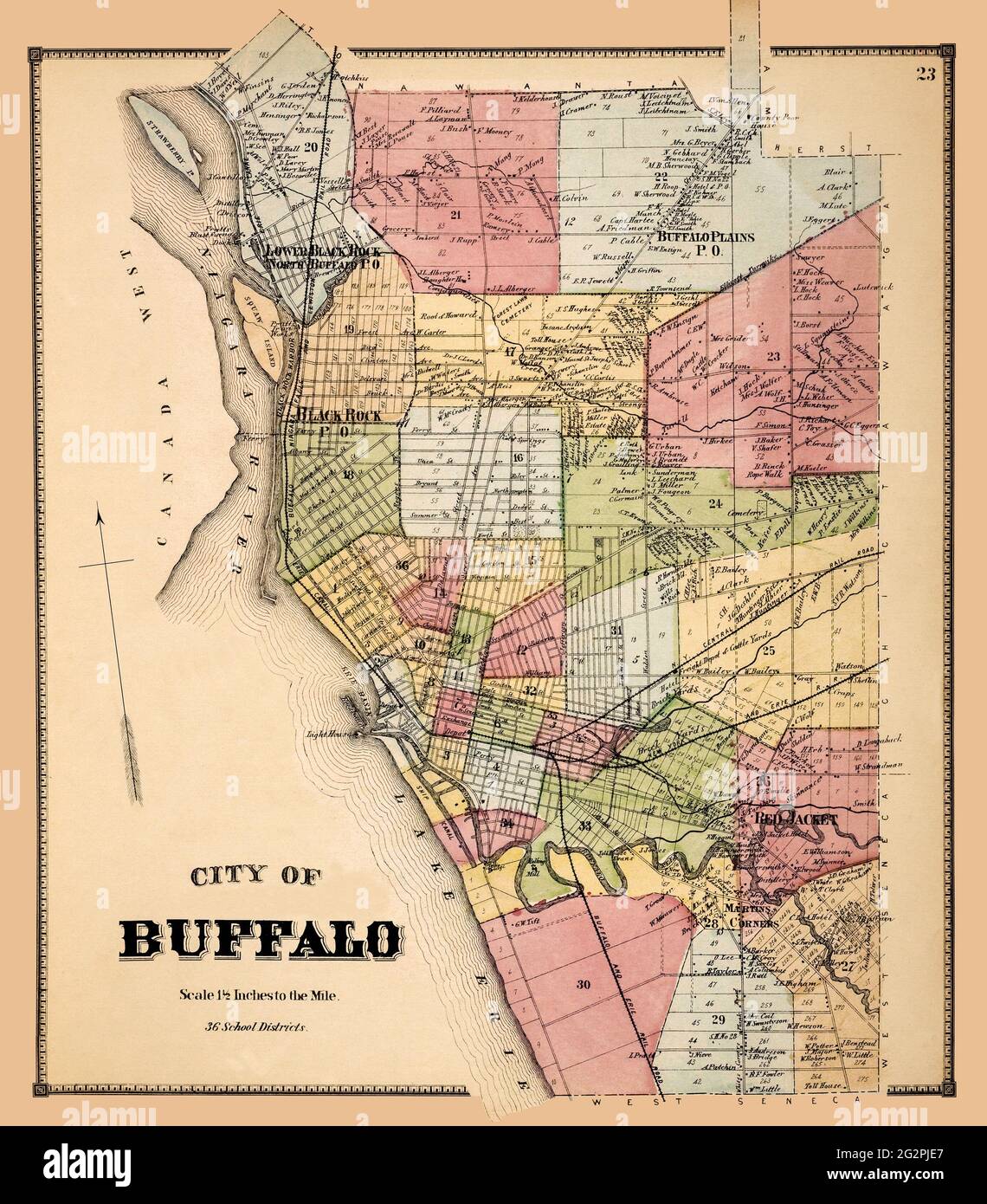 Vintage Map of Buffalo New York.  Original title: City of Buffalo [Township]. Old map of Buffalo, NY, showing showing streets, railroads, and landmarks. Shows names of landowners.  Shows portion of Erie Canal. Published circa 1866. This is a beautifully detailed historic, enhanced, restored reproduction. Stock Photo