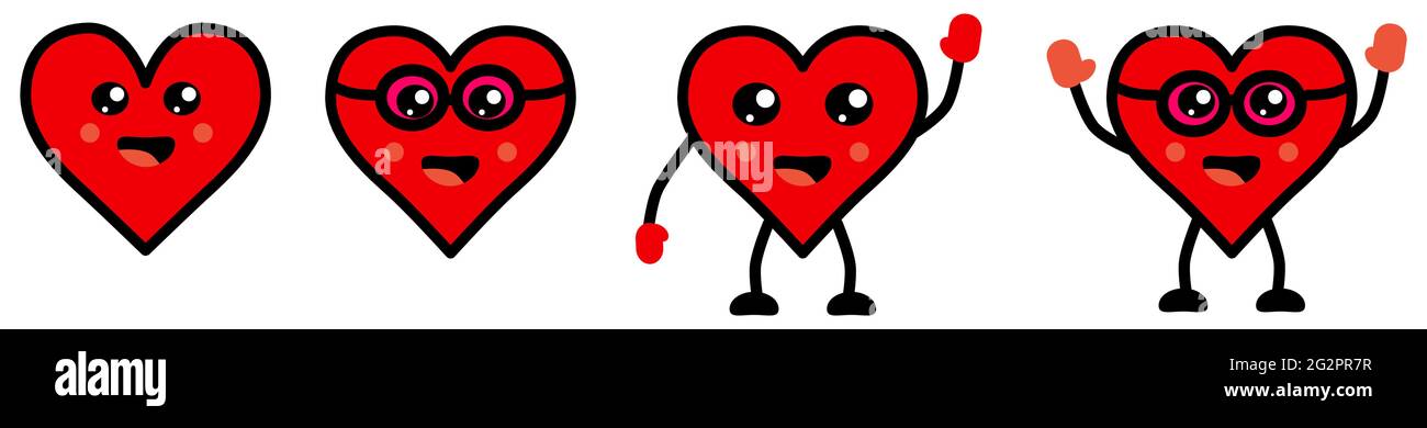 Cute Kawaii style heart icon, different versions Stock Vector