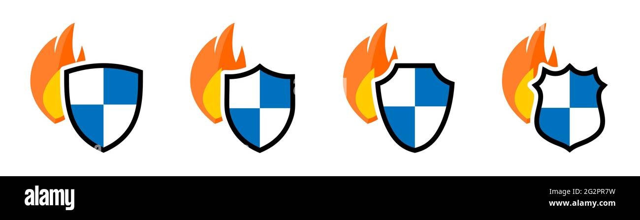 Flame icon behind shield, different versions. Protection from burning or fire security concept Stock Vector