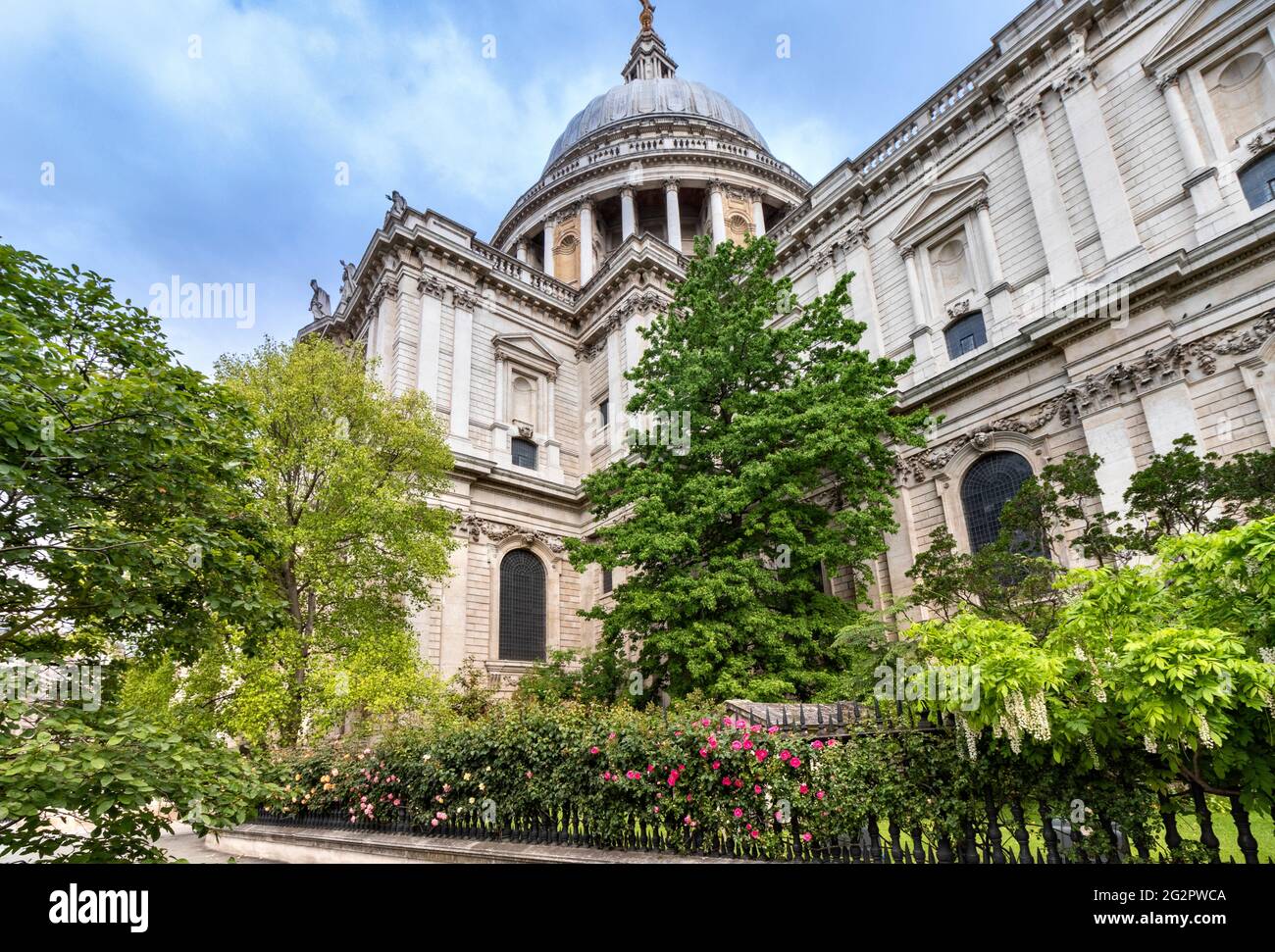 LONDON ENGLAND ST.PAUL'S CATHEDRAL GARDEN AND RED ROSES IN SPRINGTIME Stock Photo