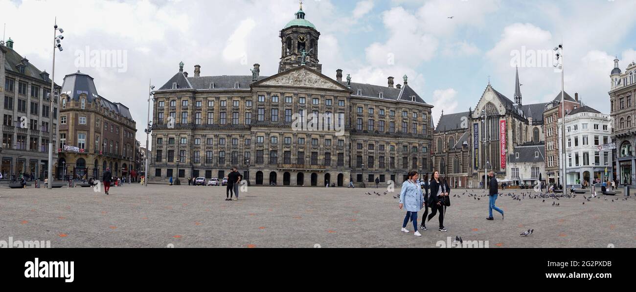 Amsterdam, Netherlands - 19 May, 2021: panorama view of the suqare and Royal Palace in Amsterdam Stock Photo