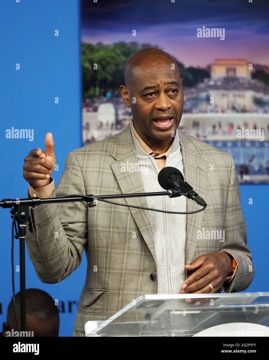 Manhattan, New York, USA. 12th June, 2021. NYC Mayoral Candidate Ray  Mcguire speaks at the Saturday Action Rally and Broadcast with Rev. Al  Sharpton at the National News Network in Harlem Credit: