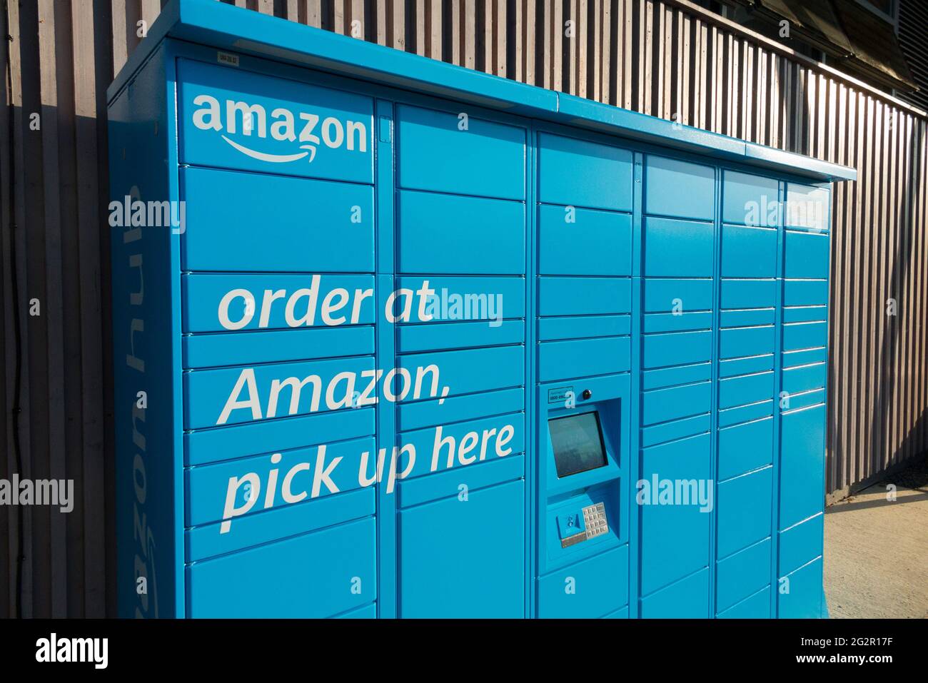 Amazon hub, a pick up point with self service lockers for collecting / collection of items, & presumably return / returns of unwanted item or goods & purchases. UK (123) Stock Photo