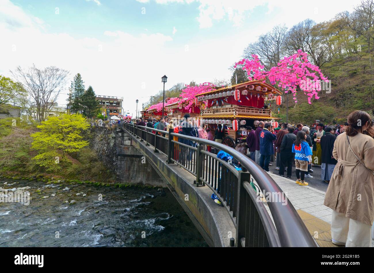 Nikko, Japan - April 16, 2018 : People in Nikko celebrating Yayoi festival to welcome spring season. A traditional event which  began over 1,200 years Stock Photo