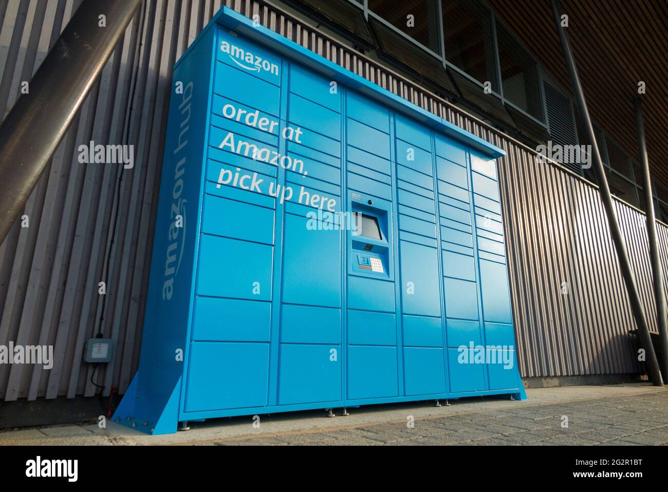 Amazon hub, a pick up point with self service lockers for collecting / collection of items, & presumably return / returns of unwanted item or goods & purchases. UK (123) Stock Photo