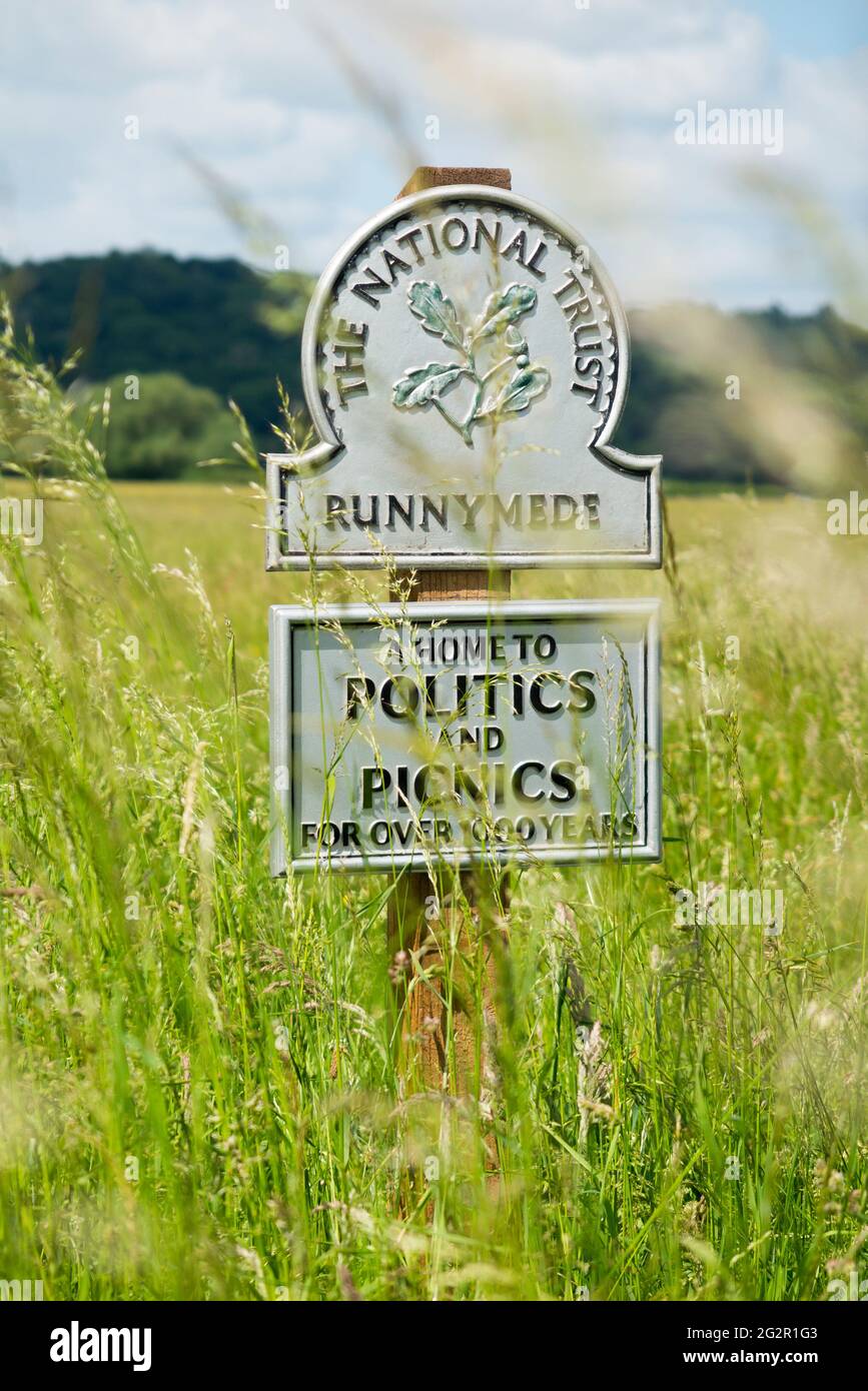National Trust sign / signpost / post; Runnymede, Surrey. UK. Runnymede was the site of the signing of Magna Carta in year 1215. (123) Stock Photo