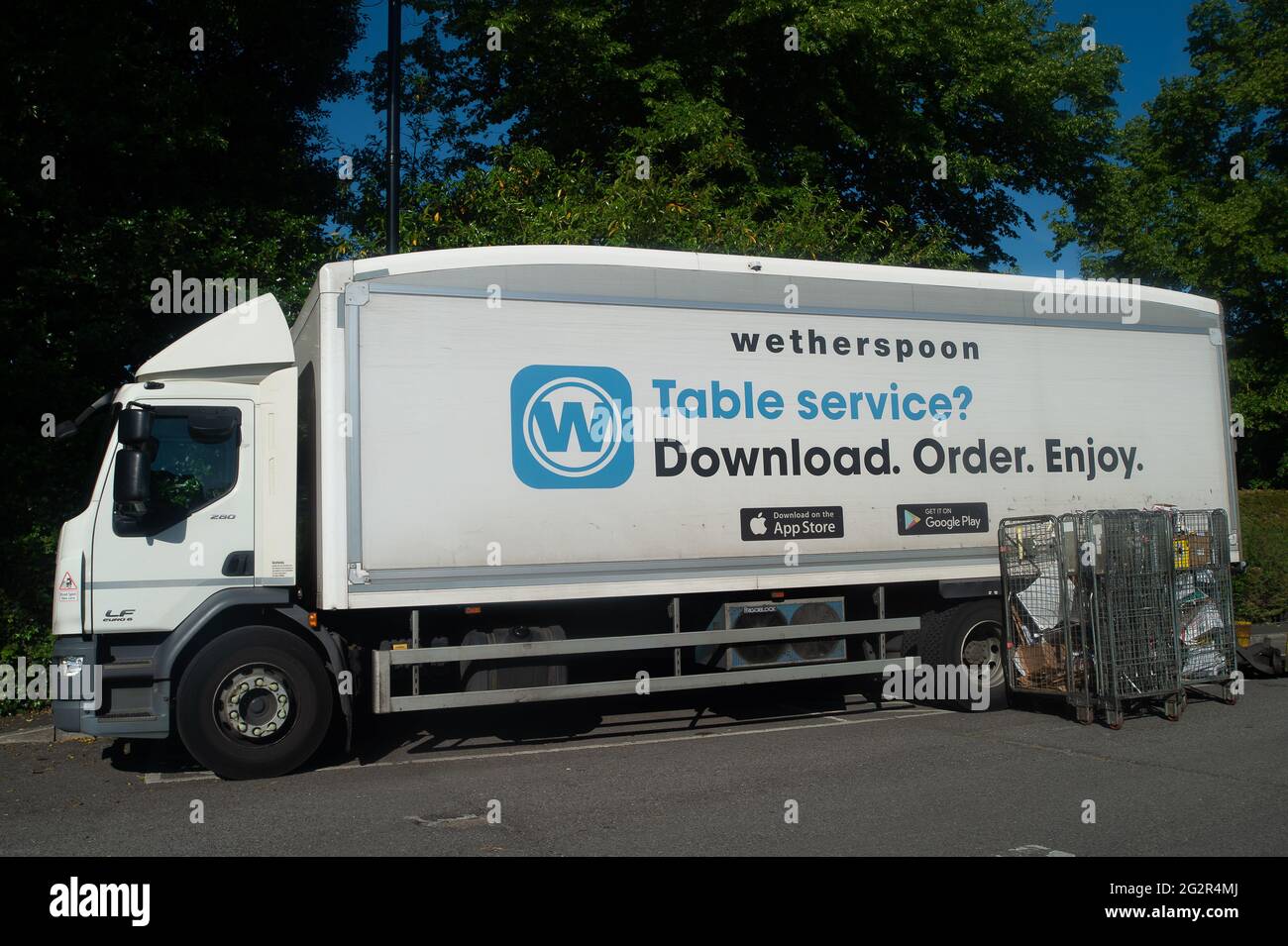 Windsor, Berkshire, UK. 9th June, 2021. A Wetherspoon truck in Windsor Tim Martin the boss of pub chains Wetherspoon is reported to be urging the Governemtn to increase the number workers
