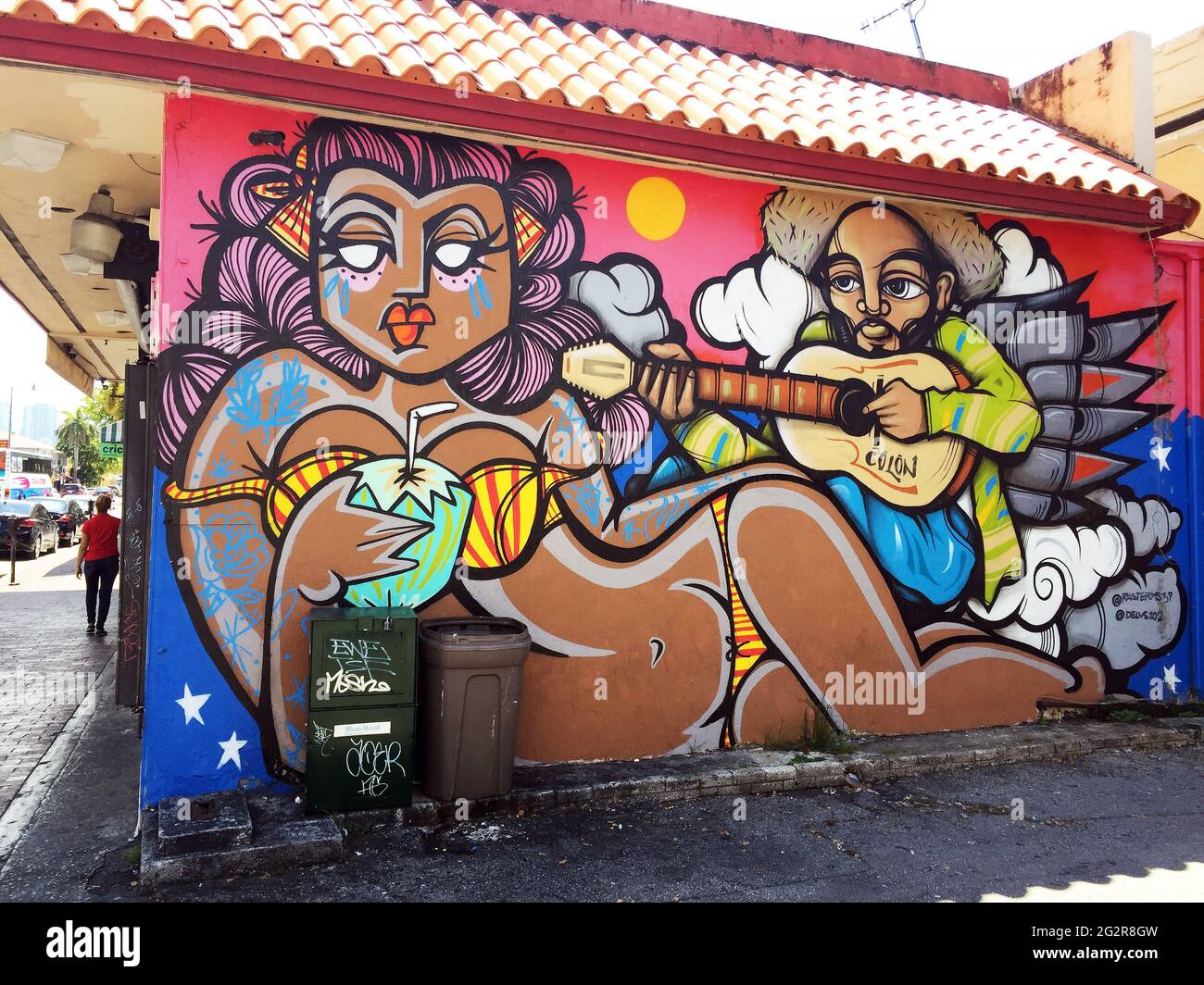 Colorful mural of musicians on wall of building, Little Havana, Miami
