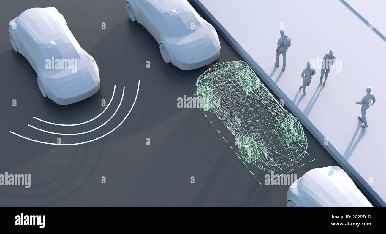 Driverless self driving, autonomous vehicle, autopilot vehicle with lidar technology, electric vehicle Stock Photo