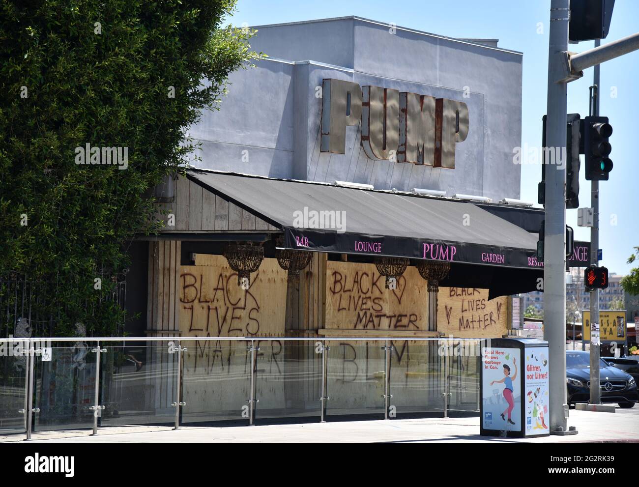 West Hollywood, CA USA - June 8, 2020: Lisa Vanderpump's restaurant and lounge, Pump, is boarded up after a series of Black Lives Matter riots Stock Photo