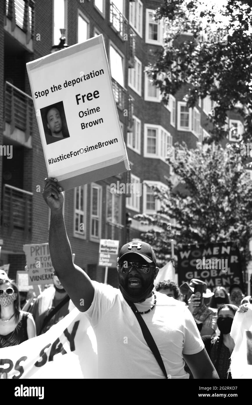 A demonstration against the deportation of Osime Brown held outside the Home Office in London Saturday 13th June 2021 Stock Photo