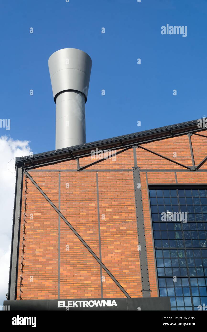 Warsaw, Poland - June 11, 2021: Detail of shopping mall Powisle Power Plant (polish: Elektrownia Powisle). Powisle Power Plant is over 100 years old. Stock Photo