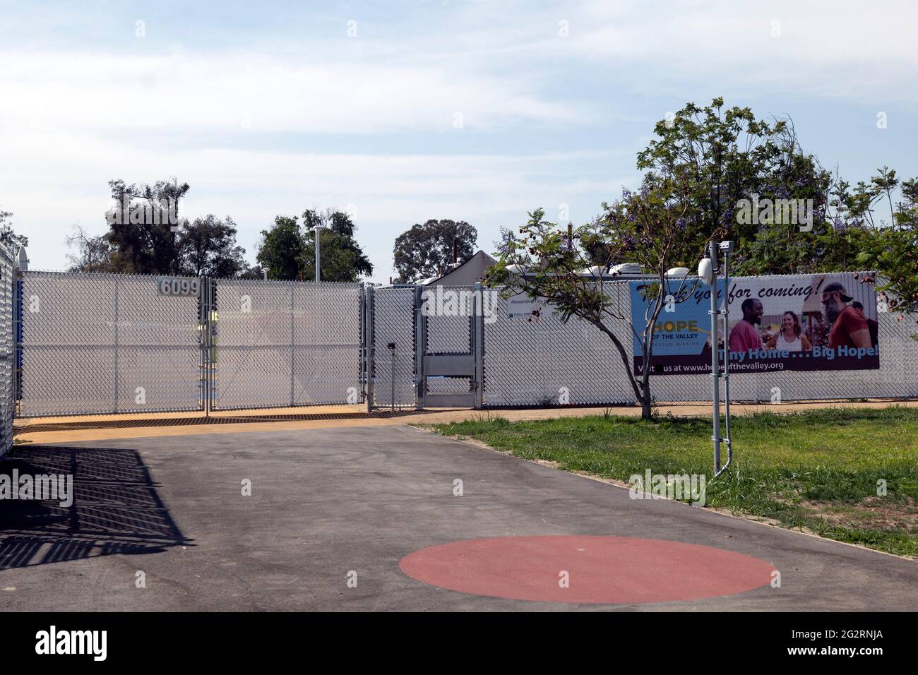 North Hollywood, CA USA - May 28, 2021:  Alexandria Park Tiny Home Village for homeless people on Laurel Canyon Blvd Stock Photo