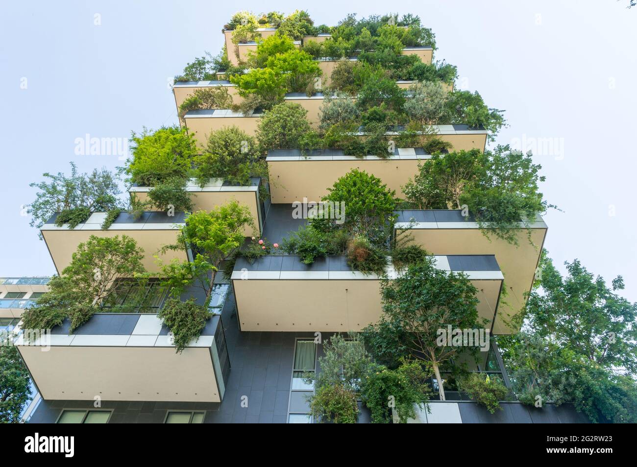 Milan, Italy (6th June 2021) - A view from below of one the s.c. 'vertical forest' building (designed by architect Boeri) near Porta Garibaldi railway Stock Photo