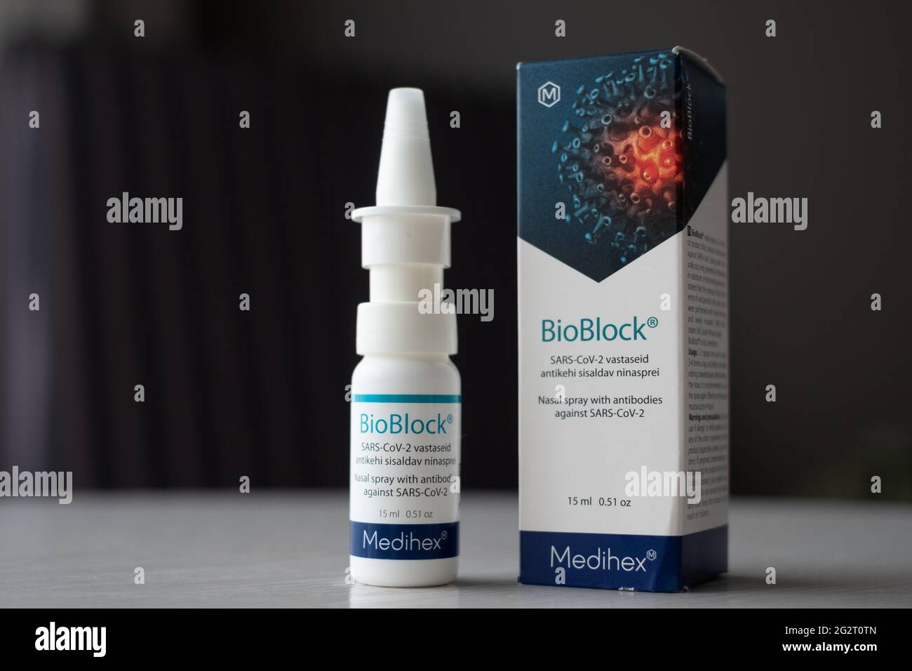 Pärnu, Estonia - June 5, 2021: BioBlock nasal spray with antibodies ...