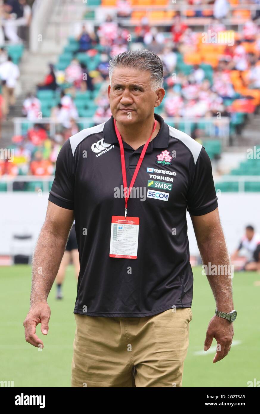 Fukuroi, Japan. 12th June, 2021. Japan's rugby national team head coach Jamie Joseph watches his team's warmup before a match against Sunwolves at the Ecopa stadium in Fukuroi in Shizuoka prefecture on Saturnday, June 12, 2021. Japan XV defeated Sunwolves 32-17 at a send off match as the national team will have game against British and Irish Lions next month. Credit: Yoshio Tsunoda/AFLO/Alamy Live News Stock Photo