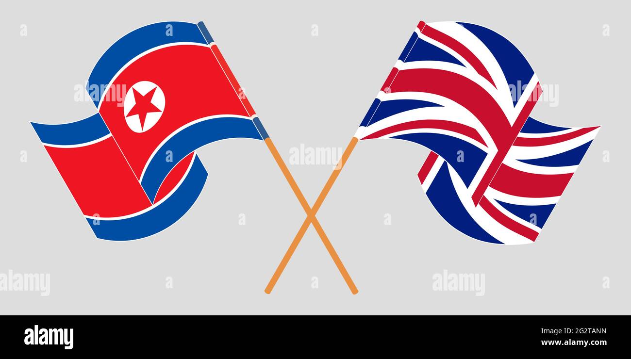 Crossed and waving flags of North Korea and the UK. Vector illustration Stock Vector