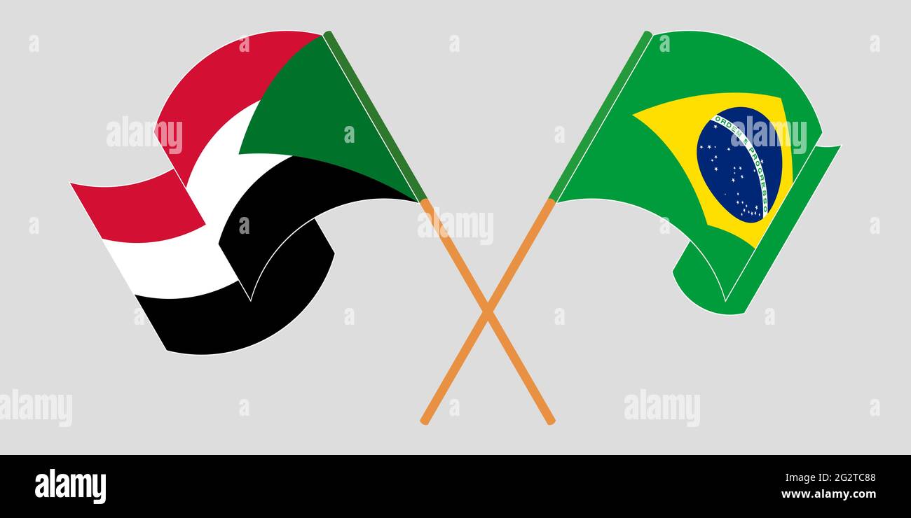 Crossed and waving flags of Sudan and Brazil. Vector illustration Stock Vector