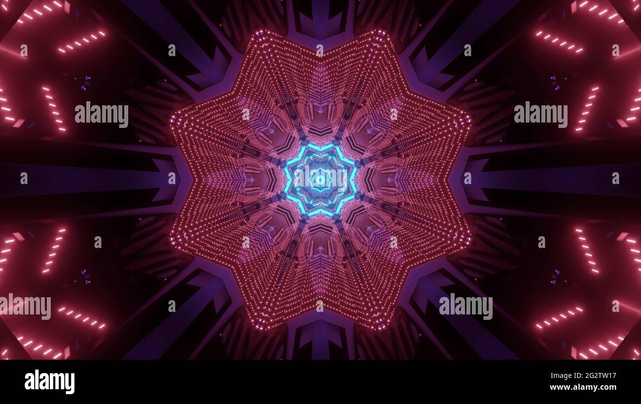 A 3D rendering of geometric shapes with glowing red and purple led ...