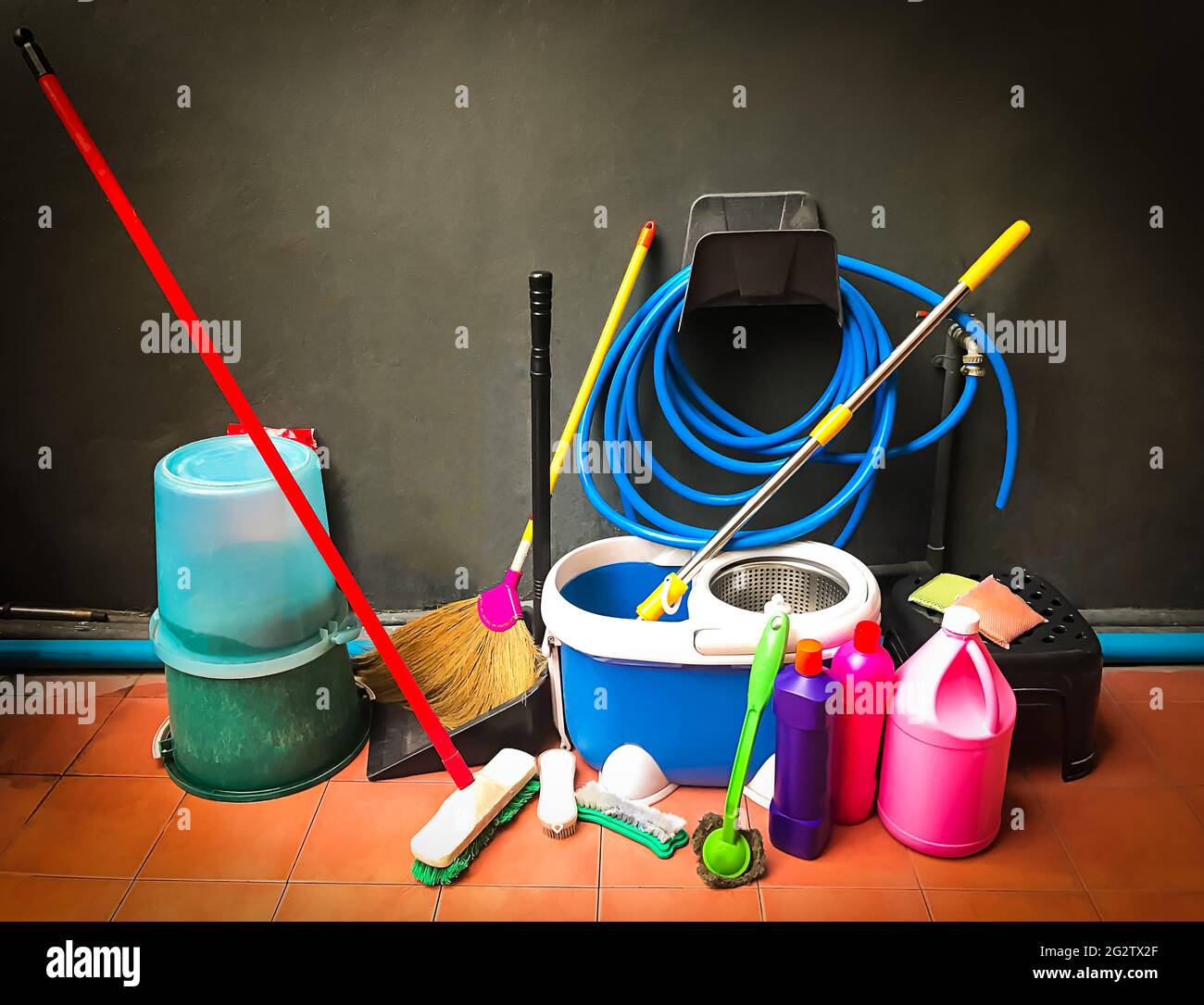 bucket with mop,Cleaning Equipment,Office cleaning service Stock Photo