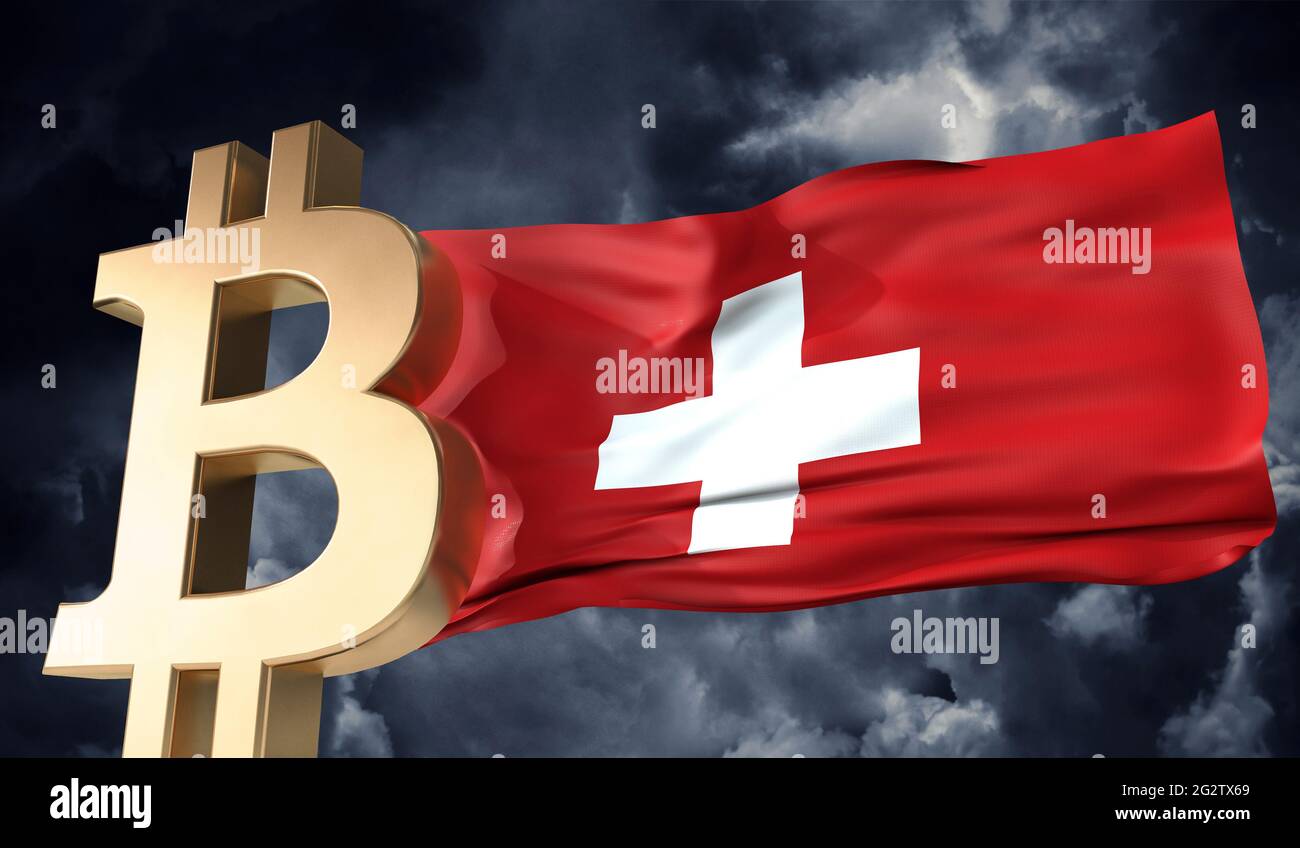 Gold bitcoin cryptocurrency with a waving Switzerland flag. 3D Rendering  Stock Photo - Alamy