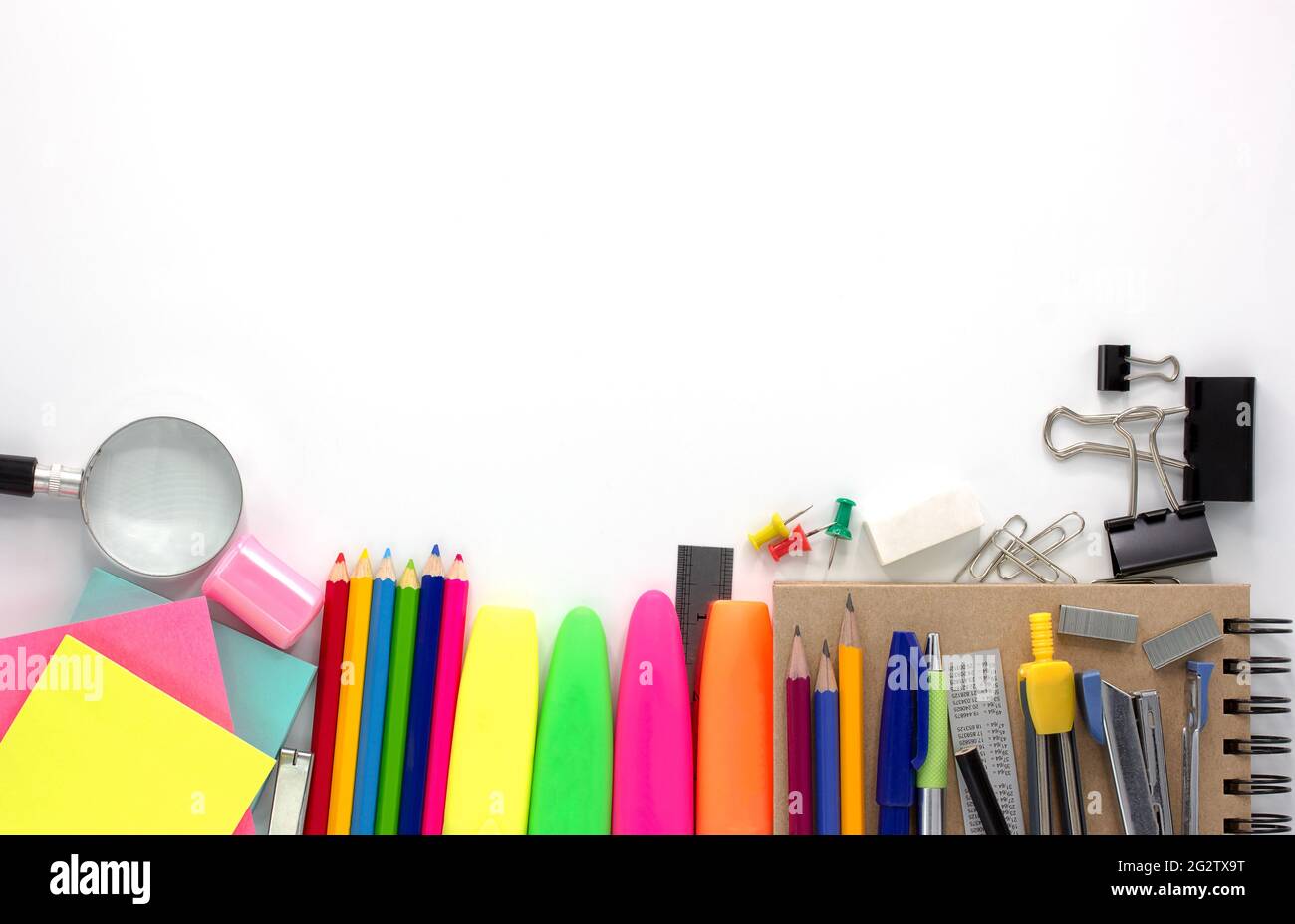 Large Assortment Of Office Supplies On White Backdrop Stock Photo -  Download Image Now - iStock