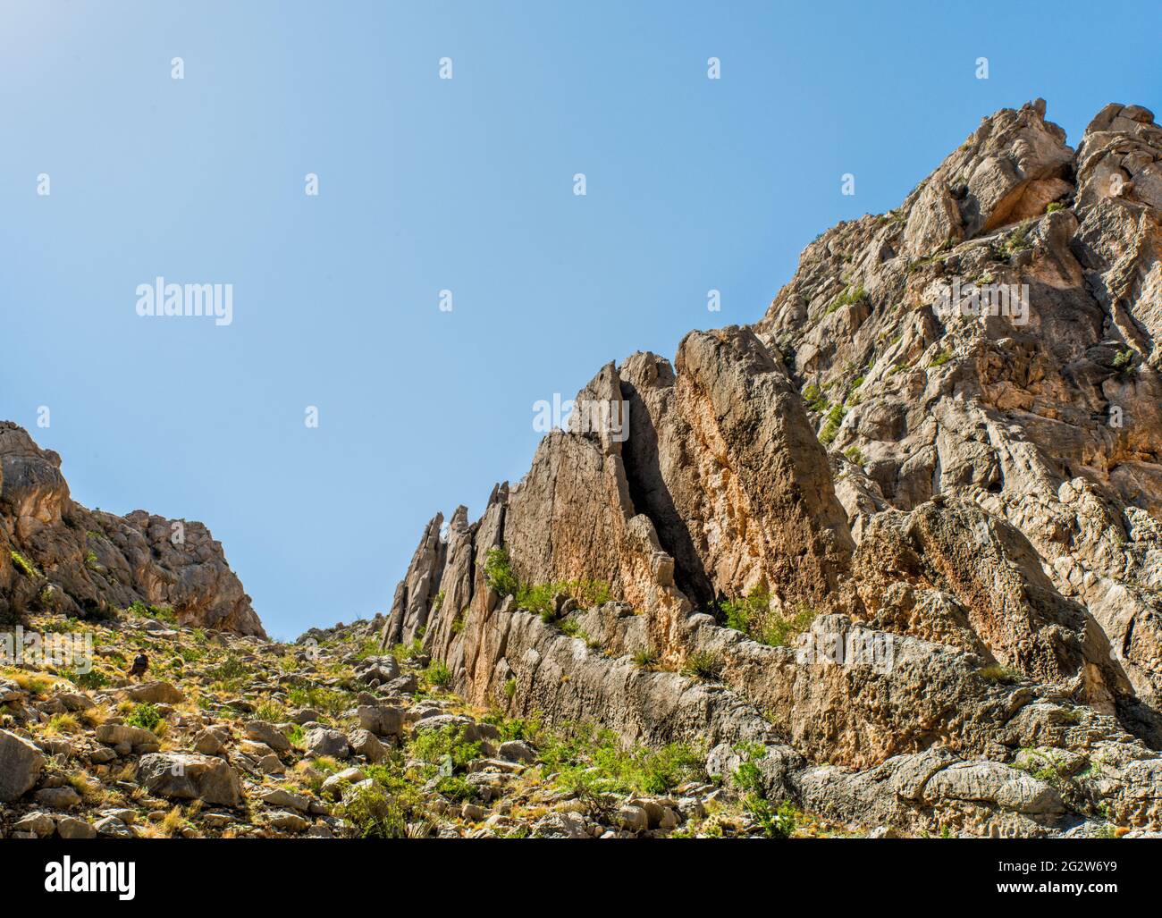 Hiker climbing limestone rocks over Dog Canyon, Santiago Mountains, Big ...
